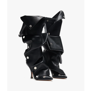 VOMIRA Women's Knee High Boots Stiletto Boots Pointed Toe High Heels Wide Calf Ruched Slouchy Boots Detachable Snap-off Panel Mid Calf Boots Black Boots Size 6.5