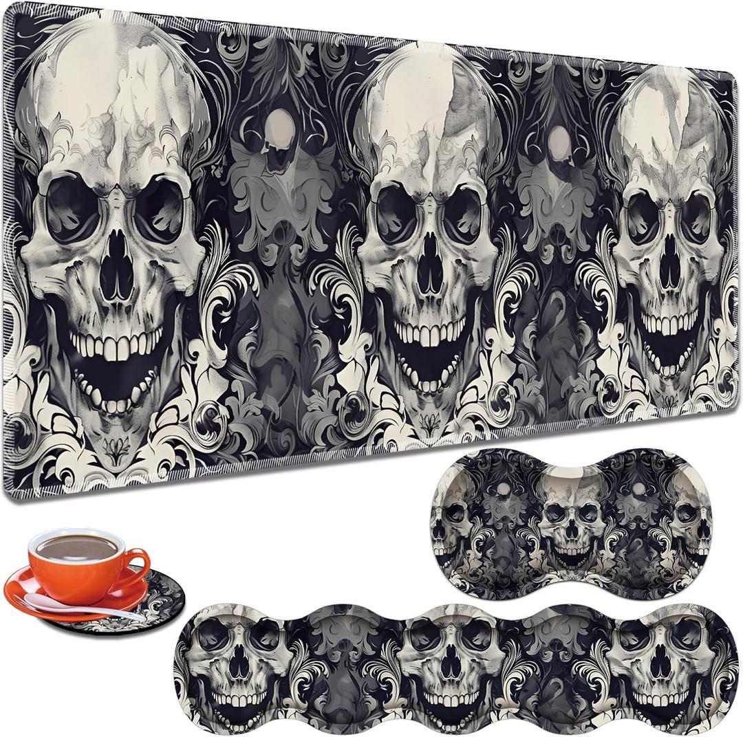 Large Gaming Table Pad 31.5 "x 11.8" + Keyboard Wrist Pad + Mouse Wrist Pad + Coaster Non-Slip Base 4-in-1 Set, Ergonomic Memory Foam, Easy Typing Pain Relief, Smiley Skull