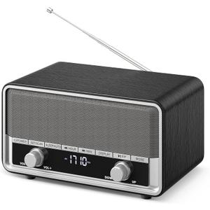 Vintage Wood AM FM Bluetooth Radio with Clock, Digital Clock Radio for Bedroom with LCD Display | 40 Presets | Sleep Timer | No Alarm, Retro Bluetooth Speaker for Office, Kitchen (Black)