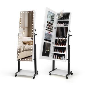 3-Color 46 LED Lights Mirror Jewelry Cabinet Armoire Adjustable Height with Wheels 3-Color 46 LED Lights Mirror Jewelry Cabinet Armoire Adjustable Height with Wheels
