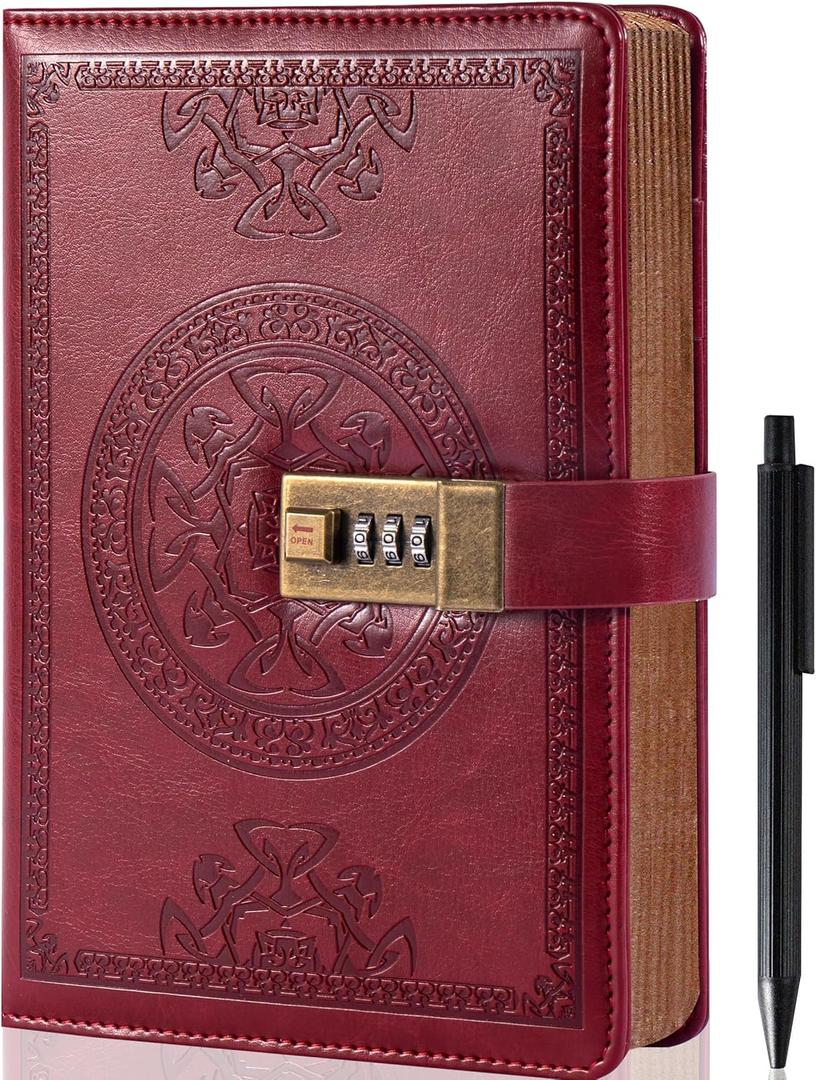 CAGIE Diary with Lock for Women and Men A5 Refillable 290 Lined Pages Locked Journal with Pen, Journal with Lock for Adults Travel Diary for Writing, 5.7'' X 8.3'', Dark Red