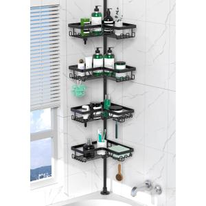 Daoya Corner Shower Caddy Tension Pole - 4 Tier Stainless Steel Rustproof Shower Corner Caddy for Bathtub Bathroom Shower Organizer Shelves Adjustable Pole 25-114.2 Inch Black