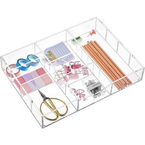 Briwooody Acrylic Drawer Organizer Clear Desk Drawer Organizer Trays with Adjustable Compartments Desk Accessories for Office Stationery Makeup Silverware Bathroom (Non Expandable)