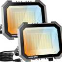 2 Pack LED Flood Lights Outdoor, 3CCT 3000/4000/6000K Selectable 100W 10000LM Floodlight Outside Work Light with 5.9FT Plug, IP65 Waterproof LED Flood Light for Garage, Yard, Lawn, Garden