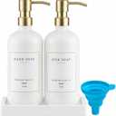 Thick Glass Soap Dispenser - Kitchen Dish Hand Soap Dispenser Set,Rustproof Pump Soap Lotion Dispenser Bathroom with Tray,14 Stickers for Kitchen Decor White Bottle/Gold Pump