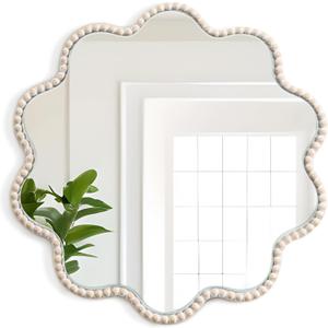 Wall Mirror, Farmhouse Round Mirror with Beads Wavy Frame Hanging Circle Boho Wall Decor for Living Room Entryway Bathroom Over Sink Hallway, 15x15 Inch