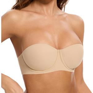 Women's Strapless Bra-Lightly Lined Non Slip Invisible Balconette Underwire Support Multiway Bandeau Bra for Comfort Lift (36C, Nude)