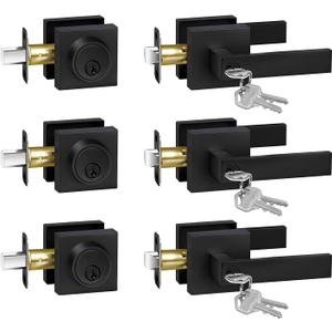 Exterior Door Lock Set with Deadbolt, Door Locks for Front Door with Single Cylinder Deadbolt Lock, Matte Black Door Handle with Lock and Key for Front Door, 3 Pack (All Same Keyed Alike)
