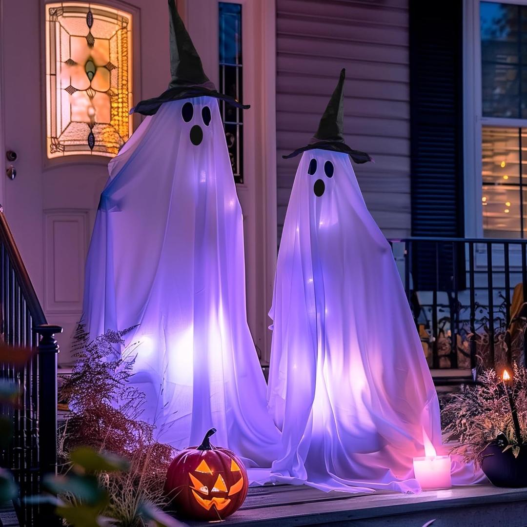 Hourleey Halloween Decorations Outdoor, 2 Pack Standing Lighted up Spooky Ghosts Halloween Decor Indoor for Porches Yard Party Lawn