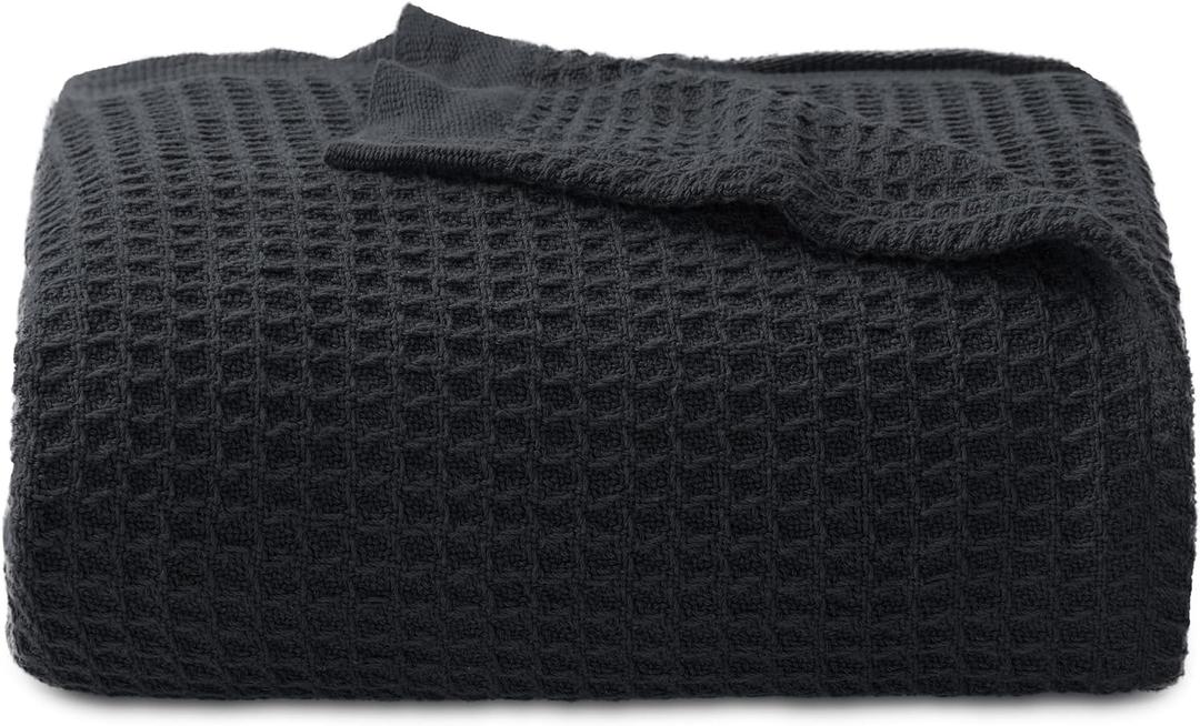 Bedsure Gentlesoft 100% Cotton Throw Blanket for Couch 50x70 inches - Cooling Breathable and Soft for Summer, Waffle Weave Throw Blanket for Office, Black