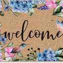 Mingnei Hydrangea Floral Coco Coir Welcome Doormat Door Mat for Home House Entrance, Summer Colorful Hydrangea Floral Botanical Bird Floor Mats for Outdoor Outside Entryway 30x17 Welcome Mat