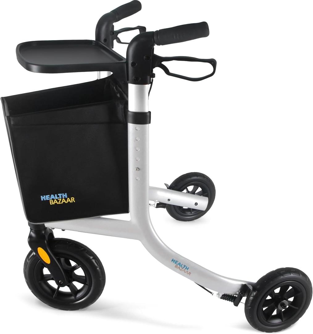 3 Wheels Rollator Walker for Seniors, Foldable Lightweight Walker with Detachable Tray and Storage Bag, Invisible Brake Line, 6 Levels Height Adjustable, 10'' Front Wheels