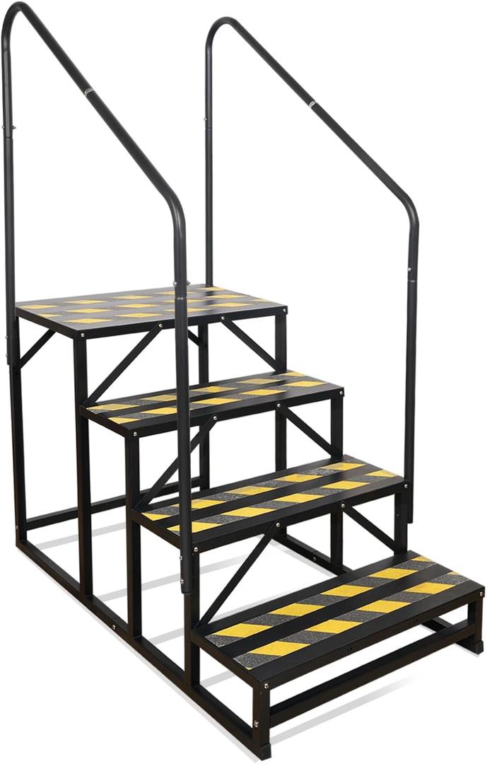 4 Step RV Stairs, Hot Tub Steps, Outdoor Spa Step Ladder with Double Handrail,Portable Economy 5th Wheel Stair for Travel Trailer, Motor Home, Camper and Porch with Non-Skid Tapes