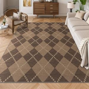 Chakme Easy Jute Rug, 8x10 for Living Room, Indoor Outdoor Patio, Farmhouse Dining Room, Modern Checkered Non-Slip Washable Area Rug for Bedroom (8x10FT, Brown Diamond)