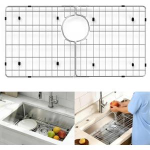 Stainless Steel Sink Protectors for Kitchen Sink, 26"×14” Sink Rack with Rear Hole Drain& 12" 24" Racks Avalible, Split Design Sink Grid Sink Grate for Single Bowl Farmhouse Kitchen Sinks, 26"x14" Rear