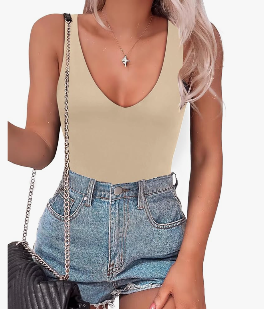 SAUNGKUAI Women’s Bodysuit Sexy Plunge Deep V Neck Backless Sleeveless Tank Thong Body Suits Outfits for Going Out XL