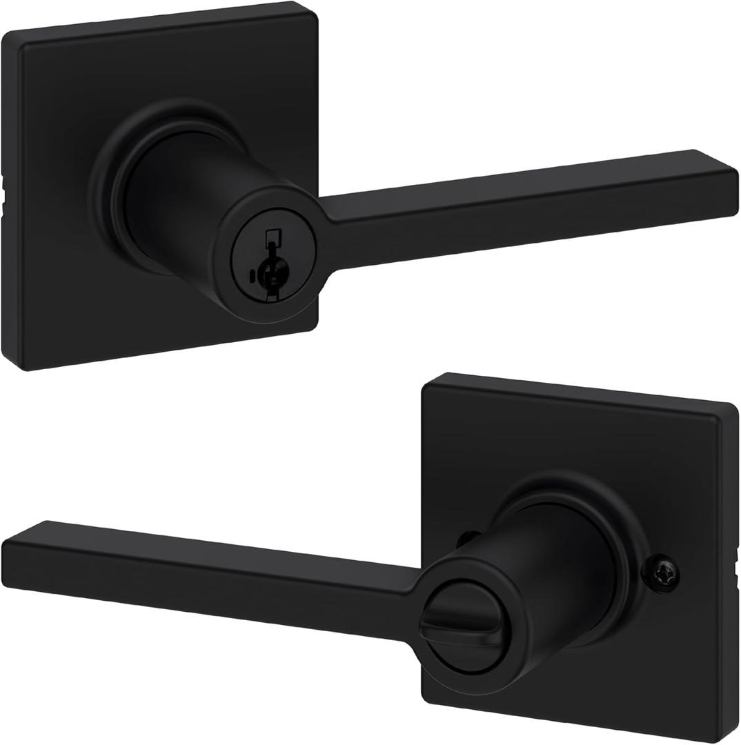 Kwikset Casey Entry Door Handle with Lock and Key, Secure Keyed Reversible Lever Exterior, For Front Entrance and Bedrooms, Matte Black , Pick Resistant Smartkey Rekey Security and Microban