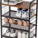 Shoe Rack, 4-Tier Shoe Organizer with Guardrails, Heavy-Duty Metal Mesh Shelves & Rustic Wooden Top for Stylish Closet & Front Door Storage (17.32" X 10.24" X 23.03", Rustic Brown + Black)