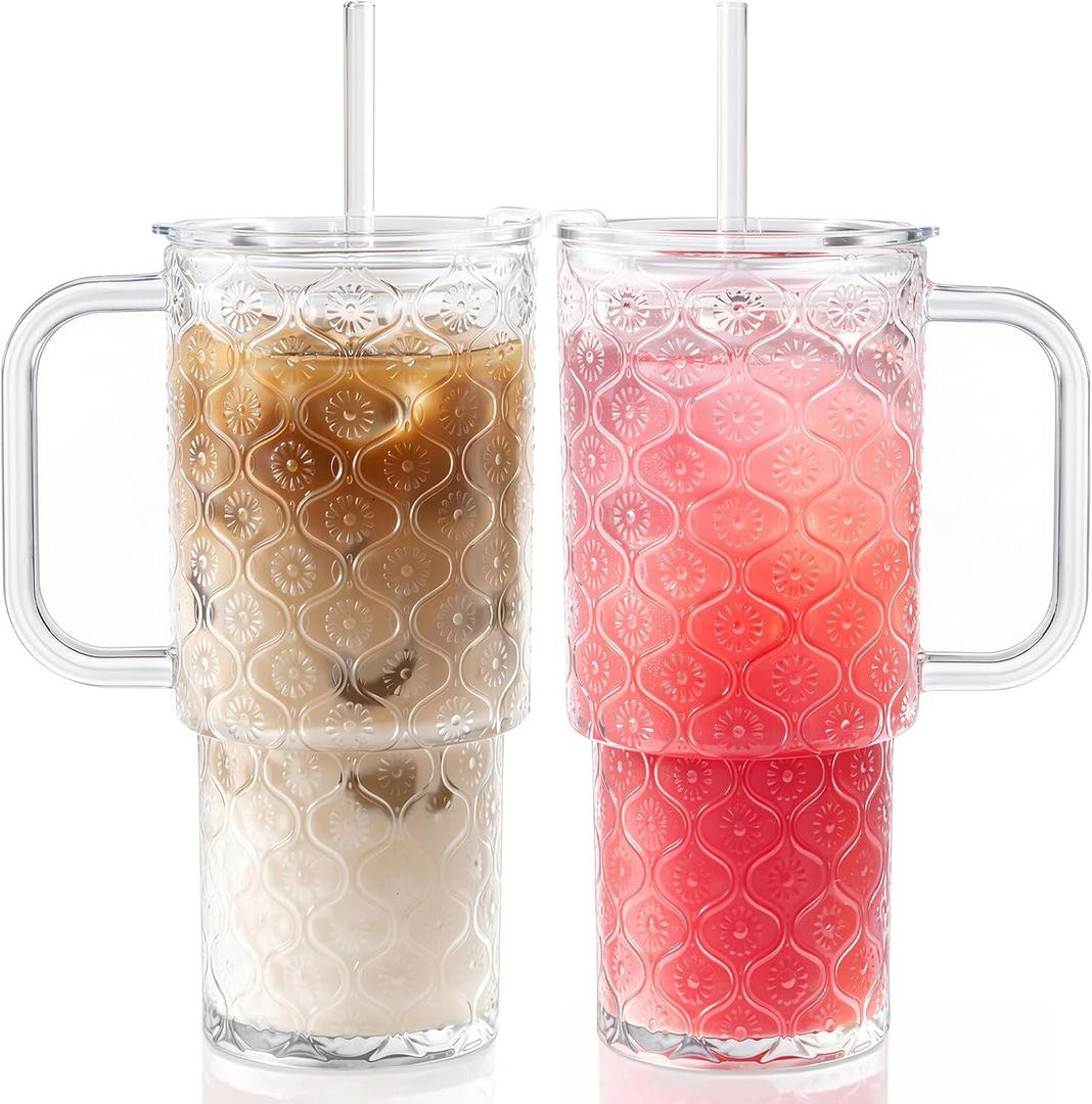 GOSCHE 26oz Textured Glass Tumbler with Handle & Leak-Resistant Lid, Large Iced Coffee Cup with Straw, Clear Glass Mug for Cold & Hot Drinks, Smoothies & Tea, Fits Car Cup Holders, Reusable, 2 Pack