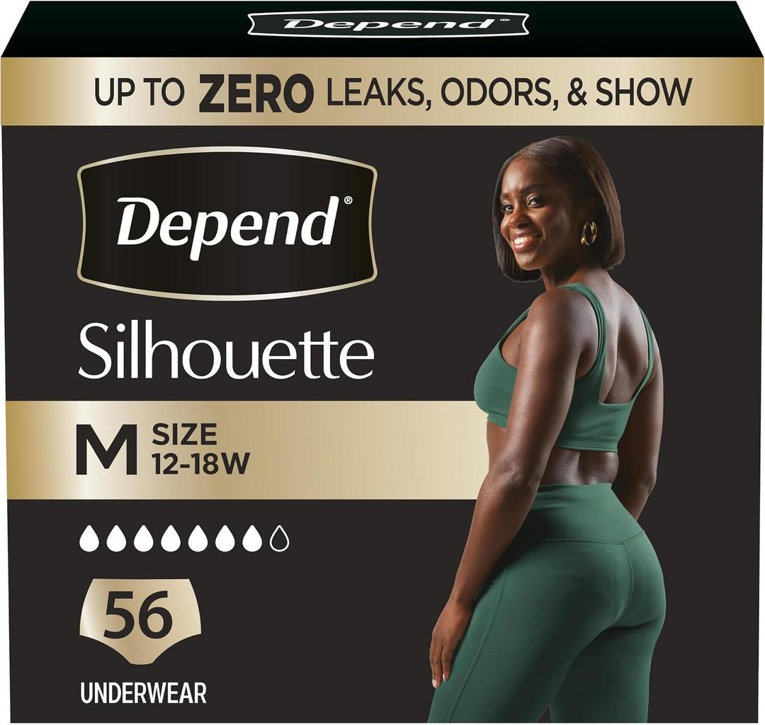 Depend Silhouette Adult Diapers, Incontinence & Postpartum Bladder Leak Underwear for Women, Maximum Absorbency, Medium, Pink, 56 Count (2 Packs of 28)