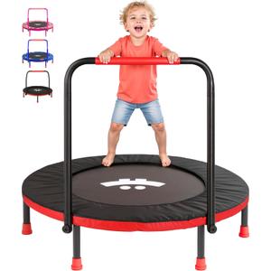 Happin 36" Mini Foldable Toddler Trampoline for Kids with Height-Adjustable Handle, Noise-Free Kids Trampoline Indoor with Super Safety Pad & Durable Steel Frame, Indoor/Outdoor (Black and Red)