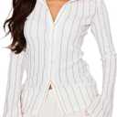 MakeMeChic Women's Work Office Striped Button Down Shirt Bell Sleeve Dressy Blouse Tops, White, Large