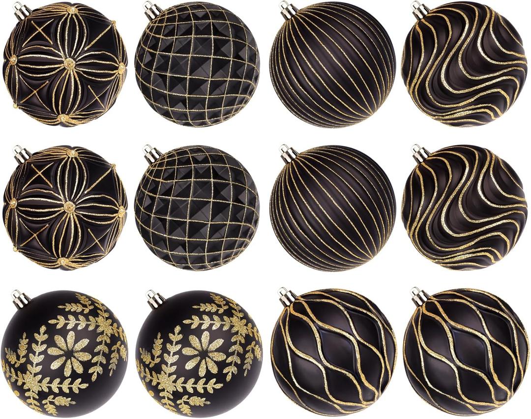 Lanpn 12 Pcs 4" Large Christmas Balls Ornaments, Outdoor Xmas Tree Hanging Decorations, Shatterproof Christmas Ball Ornament Set for Home Winter Holiday, Assorted Relief Pattern, Black & Gold