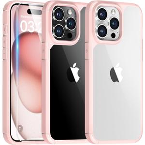 TAURI 3 in 1 for iPhone 15 Pro Max Case, with 2X HD Screen Protectors, [Military Grade Drop Protection] Shockproof Case for iPhone 15 Pro Max 6.7 Inch Pink