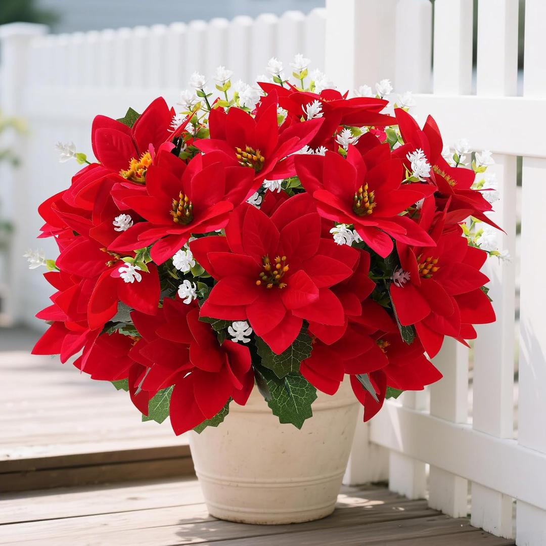 14'' Poinsettias Artificial Christmas Flowers for Outdoors,12 Bundles Mixed Fake Red Silk Flowers Faux Plastic Plants UV Resistant for Home Garden Porch Patio Outdoor Indoor Decor