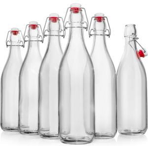 Swing Top Glass Bottles [1 Liter / 33 fl. oz.] [Pack of 6] Flip Top Coquito Bottles for Kombucha, Fermentation, Beer, Kefir, Airtight Stopper Lids with Extra Gaskets, Funnel, Labels & More