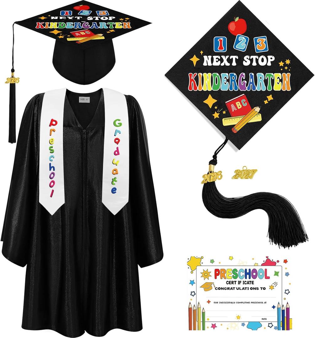 Bokon 4 Pcs 2026 Kindergarten Preschool Graduation Cap and Gown with Tassel Graduation Stole and Certificate for Toddler Kids (Black,27)