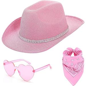 DAJOOEE Cowgirl Hat with Heart Sunglasses Glitter Cowboy Hat for Women Cosplay Bachelor Party Costume Hats (Pink)