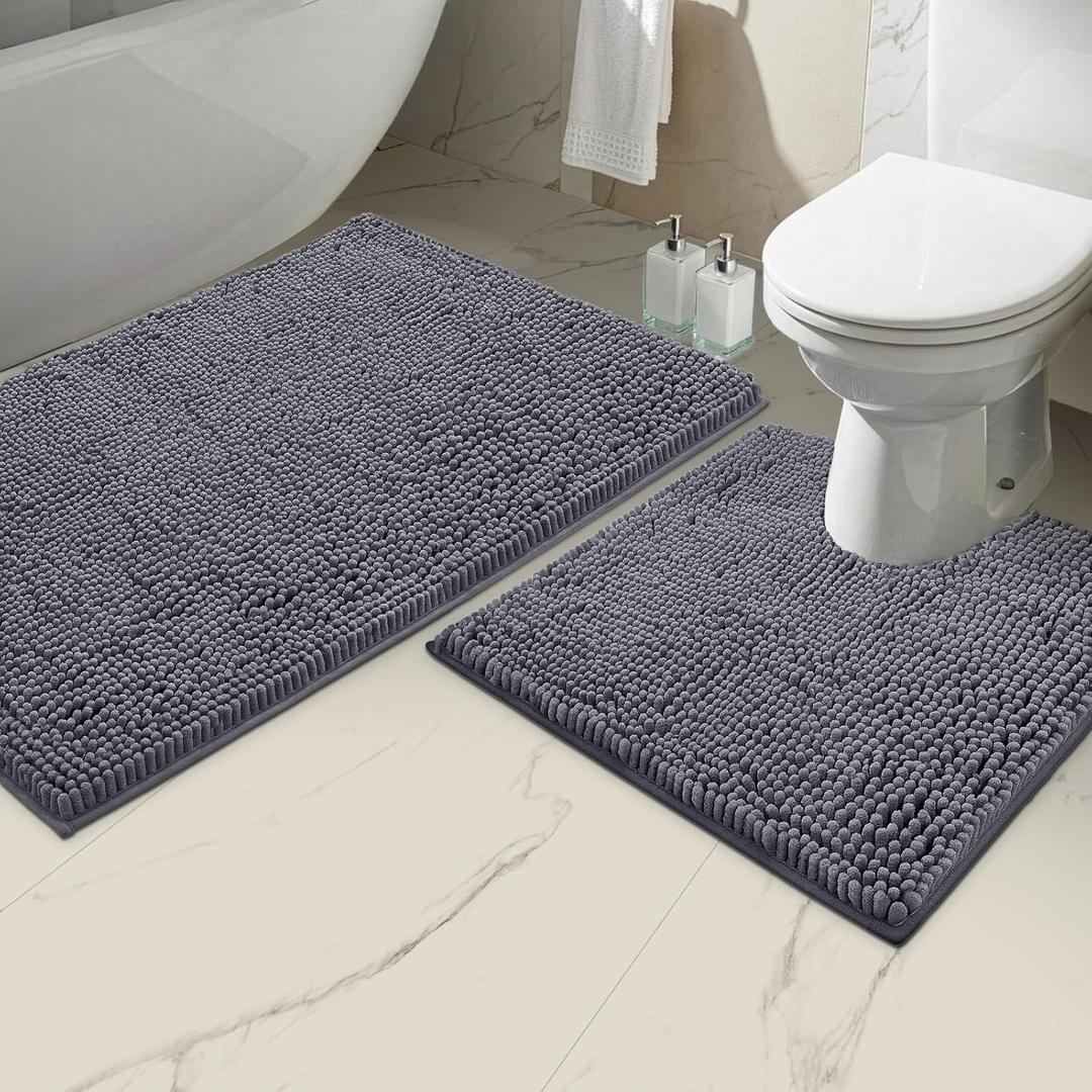 LuxUrux Bathroom Mats 2 Piece Set, Bathroom Rug Set, Soft Absorbent Chenille Bath Mat & Contour Toilet Rug, Non Slip, Quick Dry, Machine Washable Shaggy Bathroom Mats (Gray, 20"x30"+20"x20" U-Shaped)