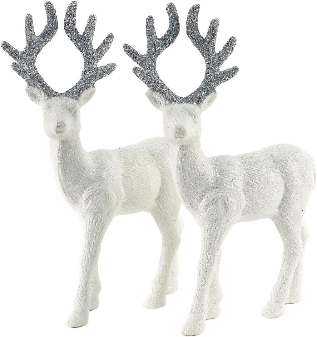 Reindeer Christmas Decoration - 8.5" H White Standing Deer Figurines for Indoor Holiday Decor