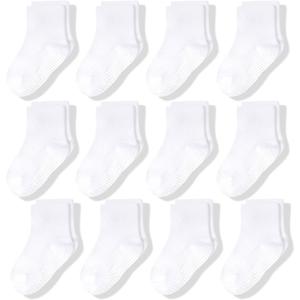 CozyWay Kids Socks With Grippers Non Slip Crew Grip Socks for Girls and Boys Soft Comfy Cotton Unisex - 12 Pack (5-7 Years, White)