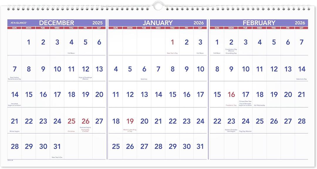 AT-A-GLANCE 2026 Wall Calendar, 24" x 12", Large, Horizontal, 3-Month Reference (PM142826)