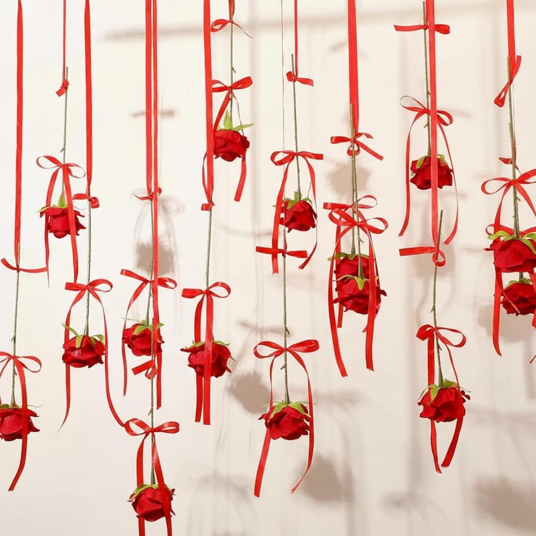 24 Pcs Valentines Hanging Rose Decoration Rose Garland Valentine's Artificial Red Flower Garland Hanging Roses with Red Ribbon and Hooks for Engagement Bridal Shower Anniversary Wedding