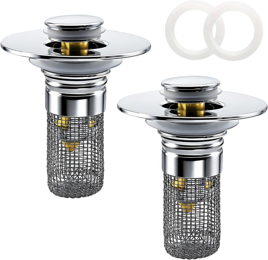 Bathroom Sink Drain Strainer, Pop-up Sink Drain Strainer with Removable Stainless Steel Strainer Basket Hair Catcher, Bathroom Sink Stopper,2 Packs