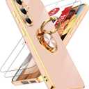 LeYi for Galaxy S25-FE Phone Case: [ ] 1 Pack Tempered Glass Screen Protector and 360 Rotatable Ring Holder Magnetic Kickstand, Plating Rose Gold Edge for Galaxy S 25 FE, Pink