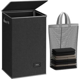 SOLEDI Laundry Hamper with Lid 90L Large & Tall Collapsible Laundry Basket, Clothes Hamper with Bag Removable Easy to Carry, Dirty Hampers for Bedroom, Bathroom, Dorm, College, Dark Grey