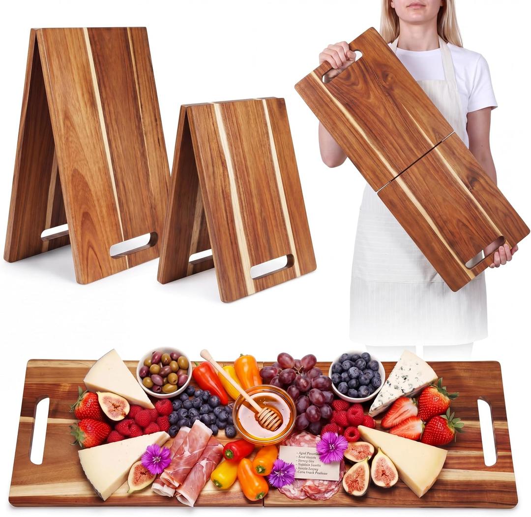 2 Pcs Large Charcuterie Board Foldable Acacia Wooden Charcuterie Board with Handle Serving Boards Tray Long Cutting Boards for Cheese Appetizers Party Travel (36 x 12 Inch, 30 x 12 Inch)