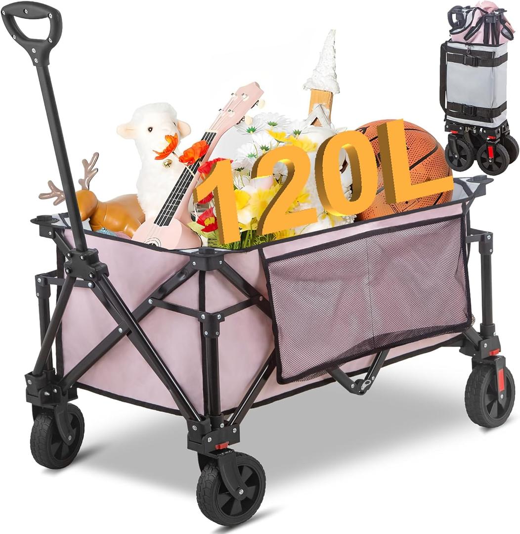 Collapsible Folding Wagon Cart, 220LBS Heavy Duty Foldable Utility Garden Cart with All Terrain Wheels & Side Storage Bag, Portable Sports Wagon for Camping, Shopping, Garden. (Pink) (Pink + Light Gray)