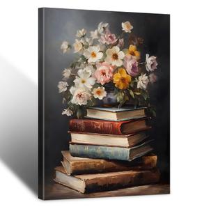 Moody Flower Books Canvas Wall Art, Framed Wall Art Vintage Floral Books Still Life Pictures Rustic Antique Prints Dark Academia Floral Artwork for Bedroom Living Room Decor (16x24inch)