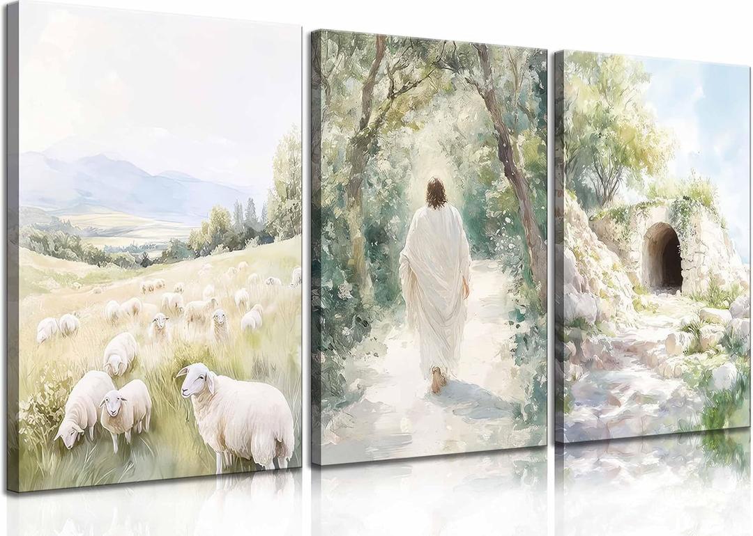 3 Pcs Christian Canvas Wall Art Modern Christian Bible Sheep Jesus On The Way Empty Tomb Painting Picture Wall Decor Bible Sketch Poster Prints for Office Living Room Bedroom Home Decoration, 24L"x16W"