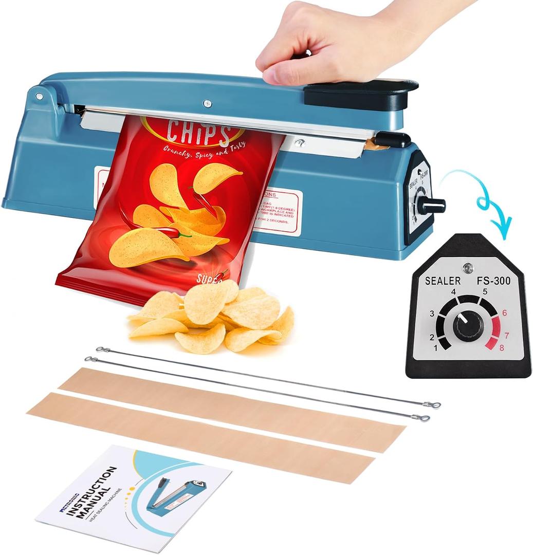 METRONIC 12 Inch Impulse Heat Sealer, Manual Bags Sealer Heat Sealing Machine Impulse, Sealer Machine for Plastic Bags PE PP Bags with Extra Replace Element Grip (Blue)