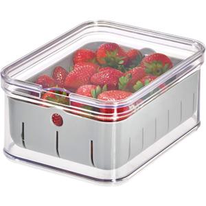 iDesign Recycled Plastic Crisp Produce Storage Containers with Lid and Colander Basket Designed to Keep Food Fresh Longer, 8.32 x 6.32 x 3.76, Clear/Gray