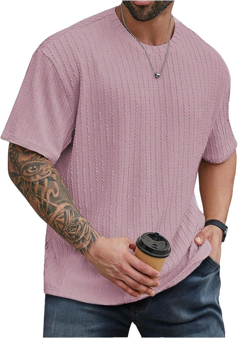 Men's Big and Tall Shirts Textured Knit Tshirt Shirts Casual Summer Tops Trendy (Pink, XXL)