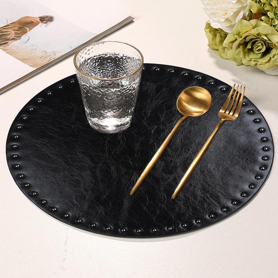 FAVE Black Faux Leather Placemats 13.78Inches Round Placemat Set of 2 Heat Resistant Place Mats for Kitchen Table Wipeable Fall Placemats Table Mats with Rivets High Texture Placemat (Black)