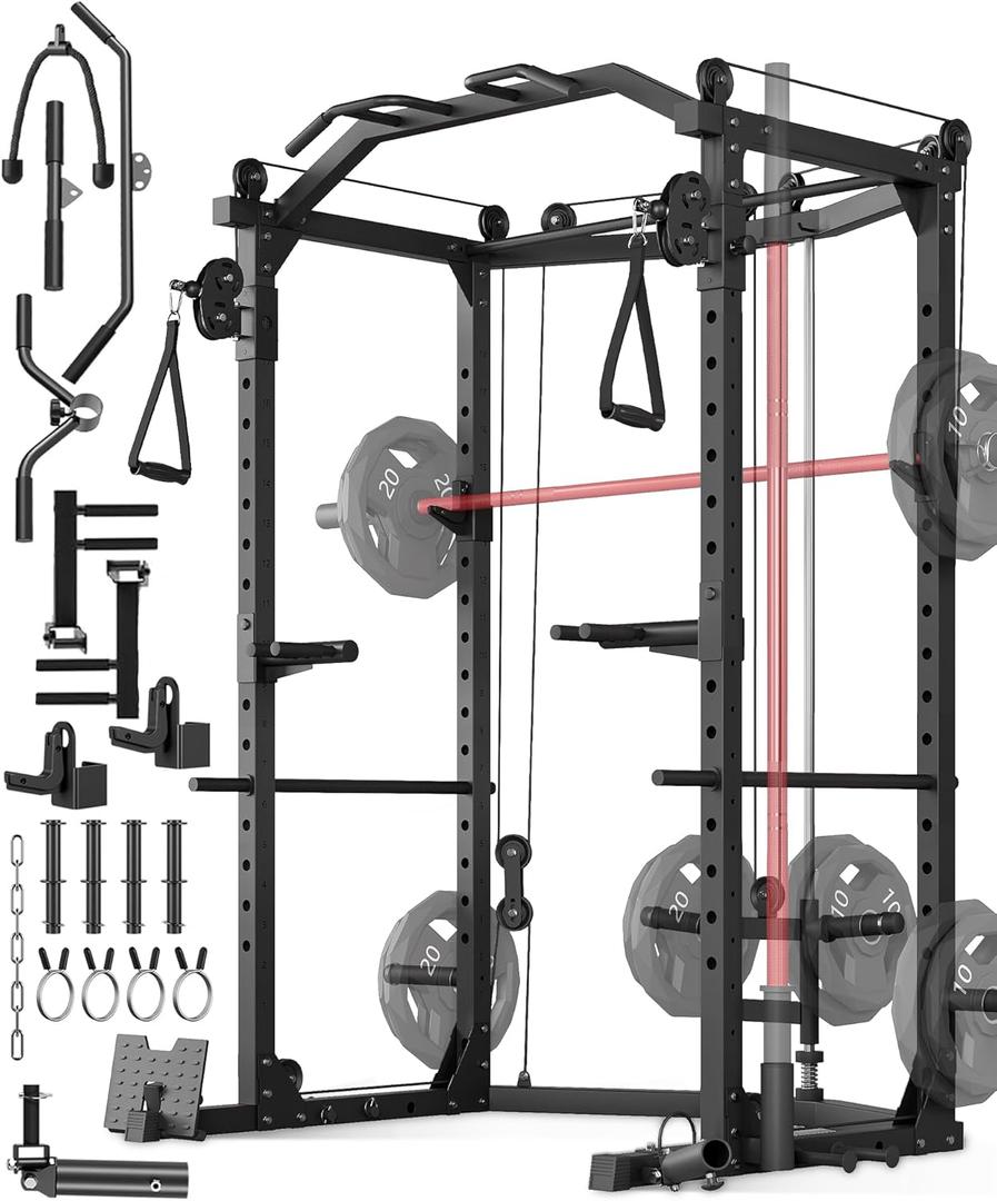 GarveeLife Power Cage, Multi-Functional Power Racks for Home Gym with Cable Crossover System, 1600 LBS Weight Capacity Fitness Squat Rack for Strength Workout with More Training Attachment (BLACK Pro D1)