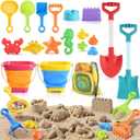 Beach Toys for Kids, Sand Toys Set with Collapsible Sand Bucket, 20 Shovel, Marine Life & Vehicles Molds Sand Castle Toys and Storage Bags, Travel Beach Toys for Toddler 3-10